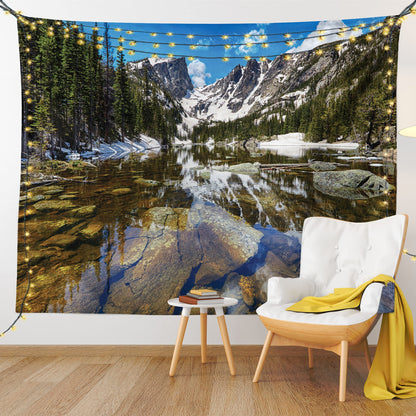 Ambesonne Landscape Tapestry, Dream Mirroring Lake at the Mountain Park in West America River Snow Print, Wide Wall Hanging for Bedroom Living Room Dorm, 60" X 40", Green Brown Blue