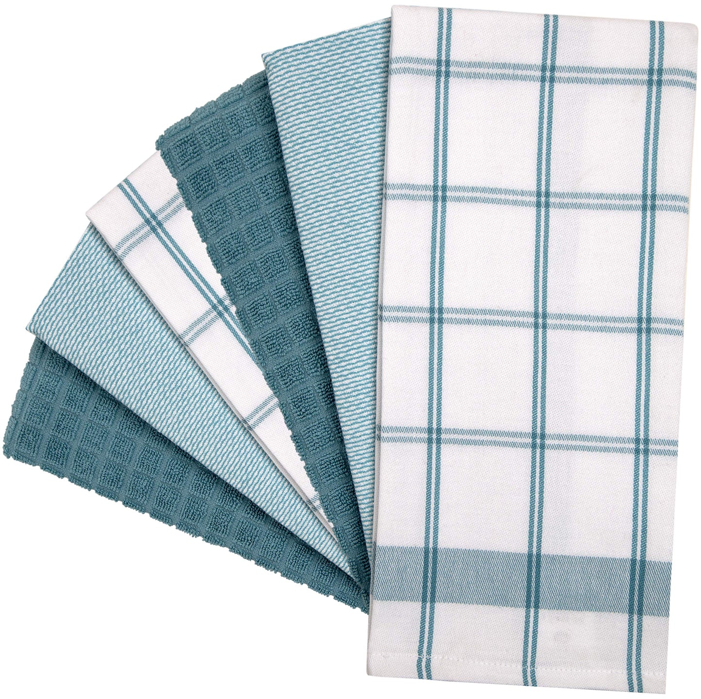 Premium Kitchen Towels (20”x 28”, 6 Pack) – Large Cotton Kitchen Hand Towels – Flat & Terry Towel – Highly Absorbent Tea Towels Set with Hanging Loop (Teal Check)