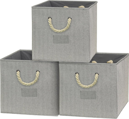 Simple Houseware 13-Inch Cube Storage Bin - Braided Handles, 3-Pack, Gray Color