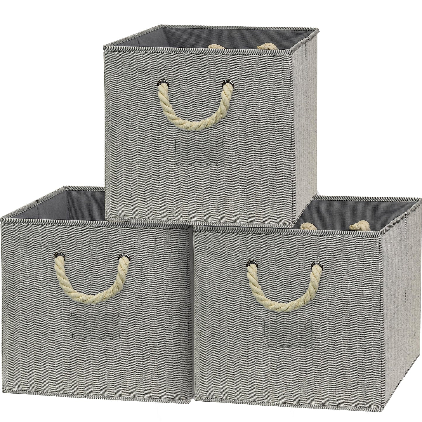 SIMPLE HOUSEWARE 13-Inch Cube Storage Bin With Braided Handles, 3 Pack, Gray