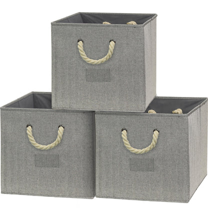SIMPLE HOUSEWARE 13-Inch Cube Storage Bin With Braided Handles, 3 Pack, Gray