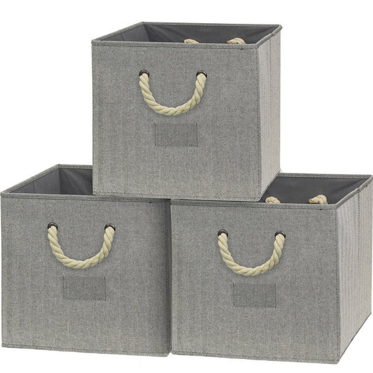 SIMPLE HOUSEWARE 13-Inch Cube Storage Bin With Braided Handles, 3 Pack, Gray