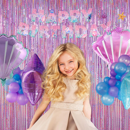 Melsan Easter Decorations - 3 Pack Pinkish Purple Tinsel Fringe Curtain Backdrop | 3.2 x 8.2 ft Sparkling Metallic Party Decor