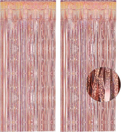 GREATRIL Rose Gold Tinsel Curtain Backdrop - Foil Fringe Streamers for Bachelorette Party | 2 Pack