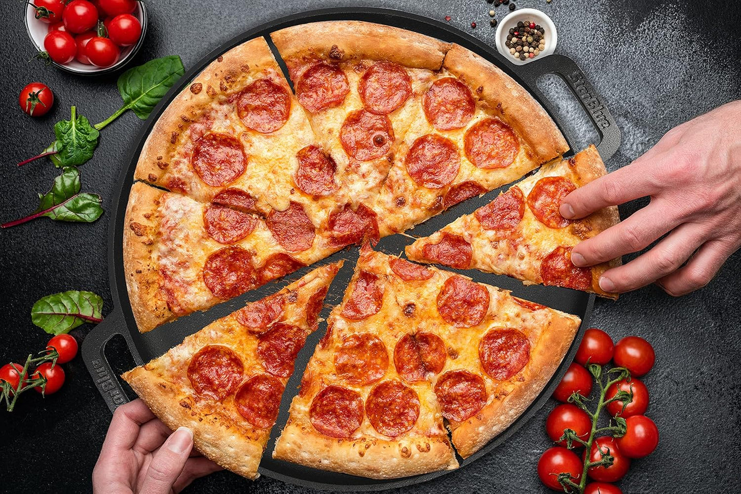 StarBlue 16-Inch Cast Iron Pizza Pan - Pre-Seasoned Griddle with Free Silicone Handles & Recipe Ebook | Ideal for Baking & BBQ