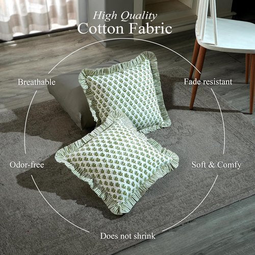 CPC Block Print Ruffle Throw Covers - Emerald Green 20"x20" | 100% Cotton Decorative Pillows for Living Room & Bedroom