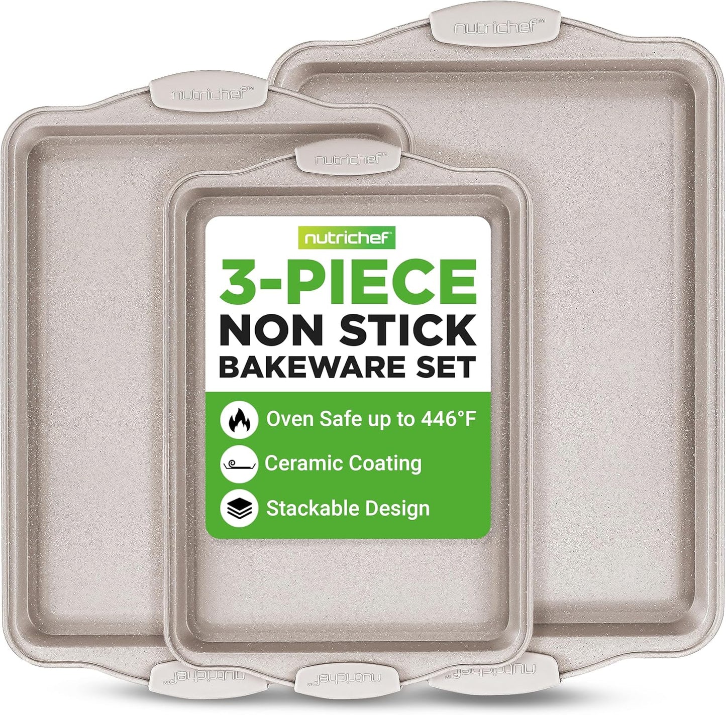 NutriChef Nonstick Cookie Sheets - Premium Carbon Steel Baking Pans with Silicone Handles | Easy to Clean, Cream Marble