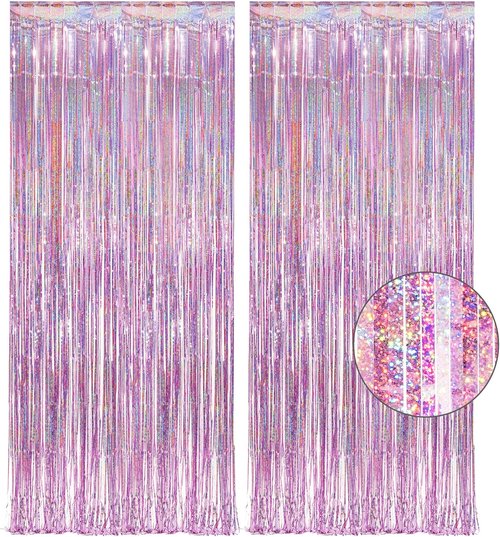 GREATRIL Pink Tinsel Curtain Backdrop - Foil Fringe Streamers for Birthday Girl Party | 2 Packs
