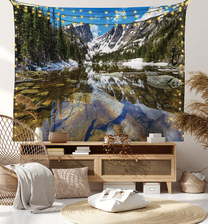 Ambesonne Landscape Tapestry, Dream Mirroring Lake at the Mountain Park in West America River Snow Print, Wide Wall Hanging for Bedroom Living Room Dorm, 60" X 40", Green Brown Blue