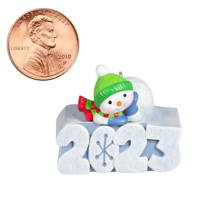 Hallmark Keepsake 1.25" Miniature Christmas Ornament 2023, A Snowy 2023 with Light Mini, Snowman Gifts