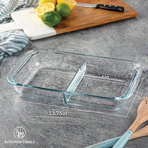 Divided Glass Casserole Baking Dish Set by [Brand Name] | 2.3 Qt Rectangular Bakeware for Oven & Table