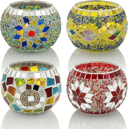 SHMILMH Glass Candle Holder Set - Handmade Mosaic Tealight Holders for Diwali & Christmas | 4-Pack