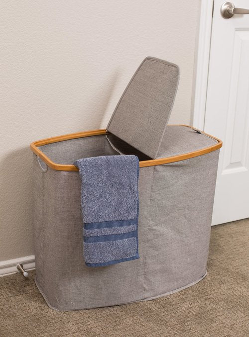 BirdRock Home Bamboo & Canvas Hamper | Double Laundry Basket with Lid | Divided Foldable Hamper | Cut Out Handles