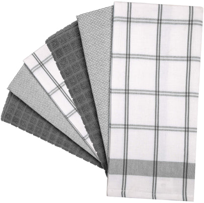 Premium Kitchen Towels (20”x 28”, 6 Pack) – Large Cotton Kitchen Hand Towels – Flat & Terry Towel – Highly Absorbent Tea Towels Set with Hanging Loop (Grey Check)