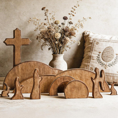 TW SHINE Easter Scene Decoration - Wooden Empty Tomb & Cross Tray Set for Home or Office