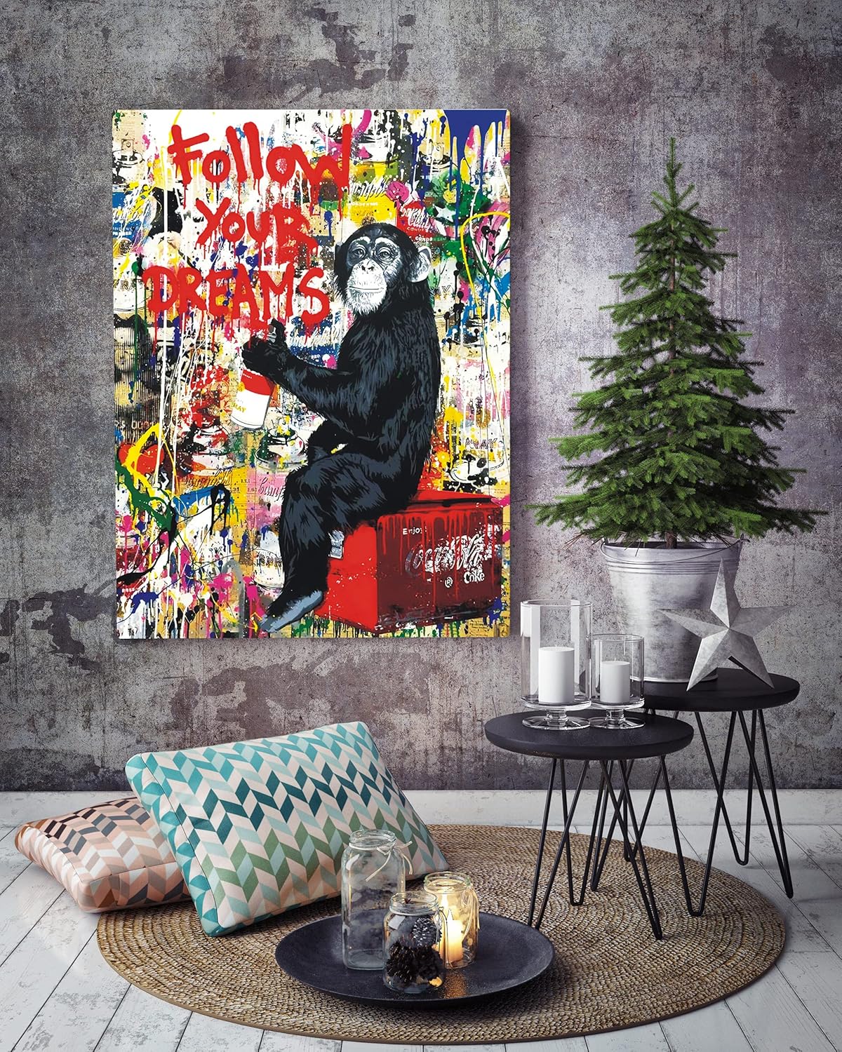 **AKOTAC Monkey Street Graffiti Canvas Print - Follow Your Dreams Animal Art for Living Room & Office Decor**