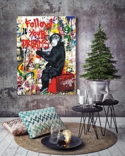 **AKOTAC Monkey Street Graffiti Canvas Print - Follow Your Dreams Animal Art for Living Room & Office Decor**