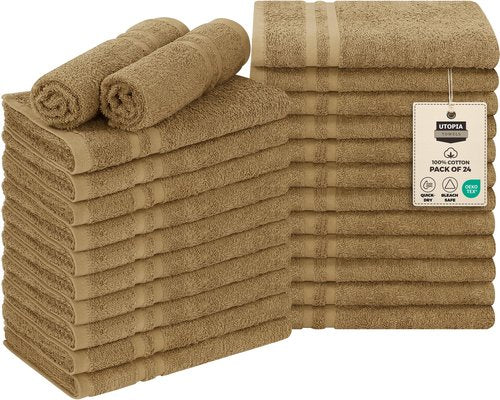 Utopia Towels Cotton Bleach Proof Salon Towel 16 by 27 inches, Bleach Safe 100% Cotton Hand Towel for Gym, 24 Pack, Camel