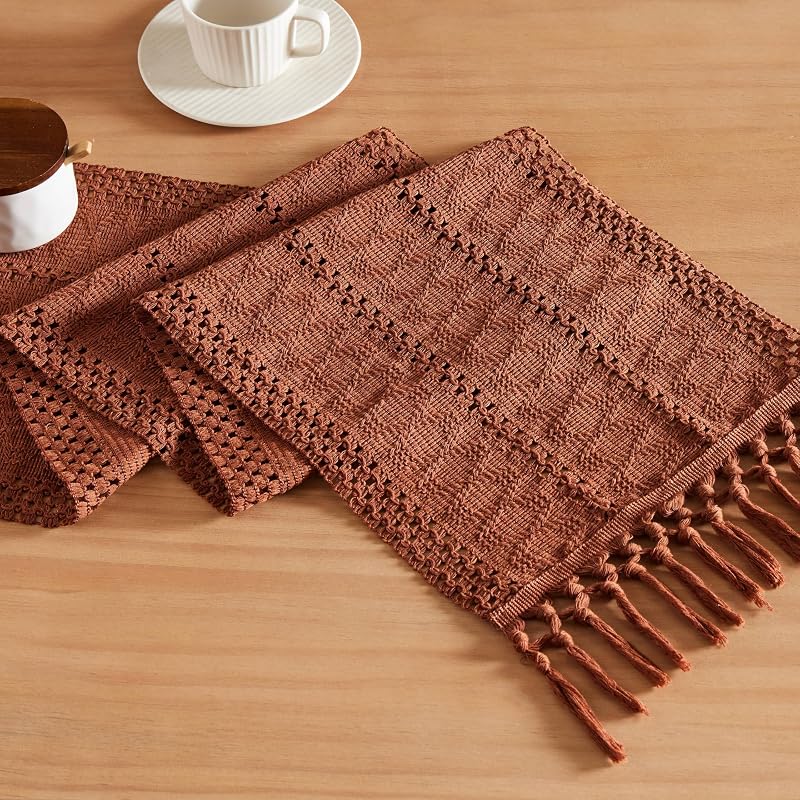 Macrame Style Boho Table Runner, 108" x 12" Terracotta - Handcrafted