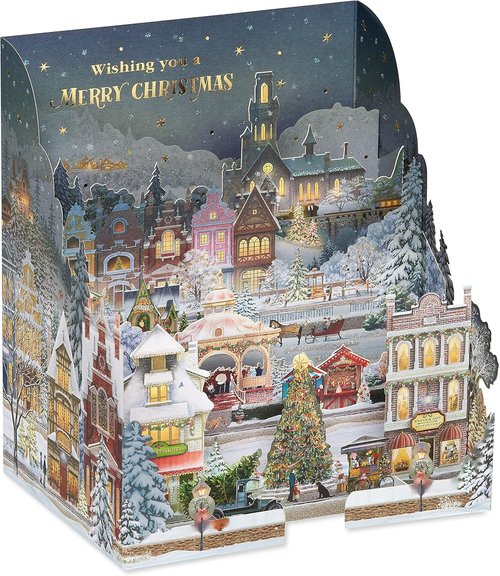 American Greetings 3D Christmas Card - Magic Moments Winter Village Scene by Jacquie Lawson | Holiday Cheer