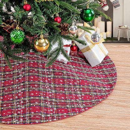 Christmas Plaid Tree Skirt 36-Inch Red & Green Buffalo Check with Snowflakes – Includes Variation Red/Green+36 Inches