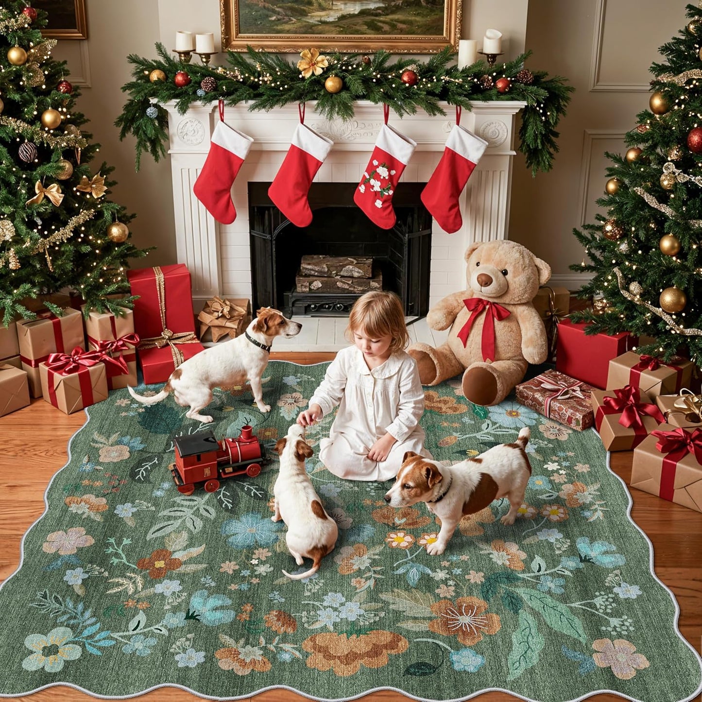 Skiennix Floral Square Area Rug - Washable 5x5 Soft Water-Resistant Carpet for Living Room & Bedroom