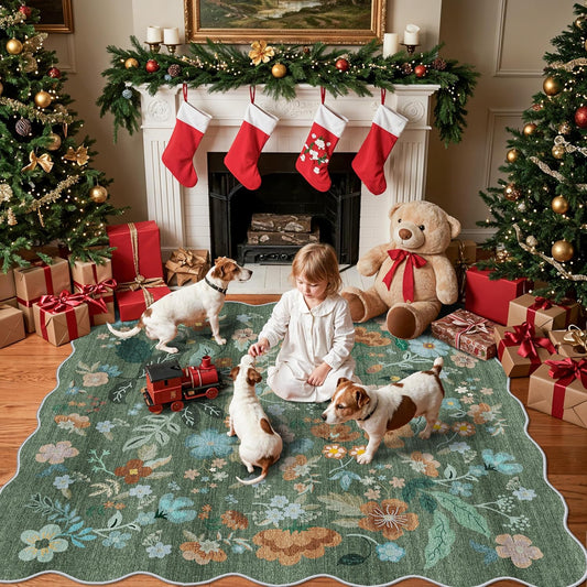 Skiennix Floral Square Area Rug - Washable 5x5 Soft Water-Resistant Carpet for Living Room & Bedroom