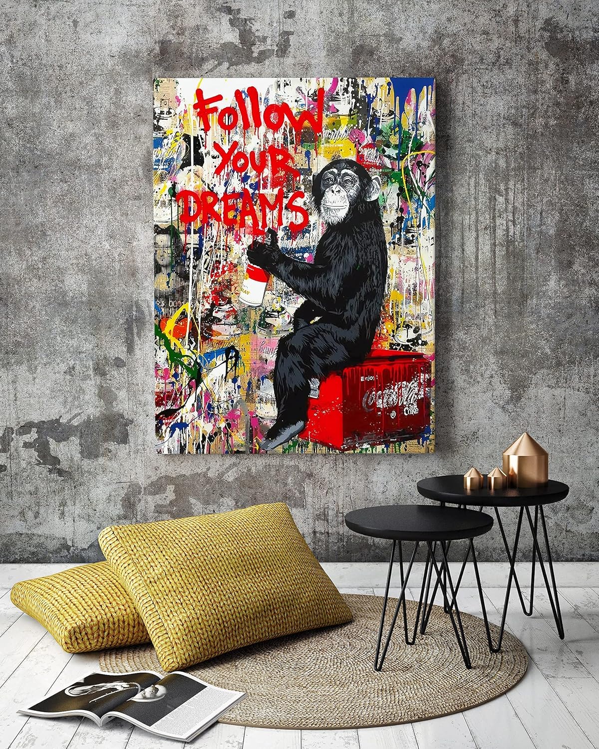**AKOTAC Monkey Street Graffiti Canvas Print - Follow Your Dreams Animal Art for Living Room & Office Decor**