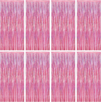 Skiennix Pink Backdrop - 8 Pack Metallic Glitter Fringe Curtains | 3.28 FT x 7.05 FT for Parties