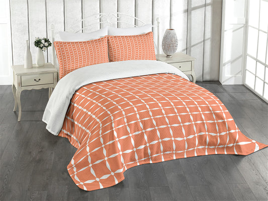 Ambesonne Floral Bedspread Set, Modern Tile Pattern of Flowers Petals and Dots Geometrical Simplistic, 3 Piece Decorative Bedding Coverlet and 2 Pillow Shams, King Size, Orange White