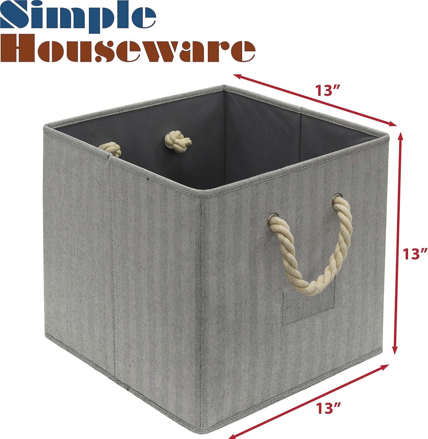 Simple Houseware 13-Inch Cube Storage Bin - Braided Handles, 3-Pack, Gray Color