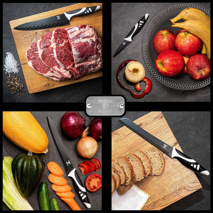 Moss & Stone 7-Piece Kitchen Knife Set - Black Titanium Plated Stainless Steel with High Carbon Blades