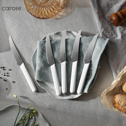 CAROTE 14PCS Knife Set with Acrylic Block, Kitchen Knives with Built-in Sharpener, Cutlery Set with High Carbon Stainless Steel Sharp Blade, Dishwasher Safe, White