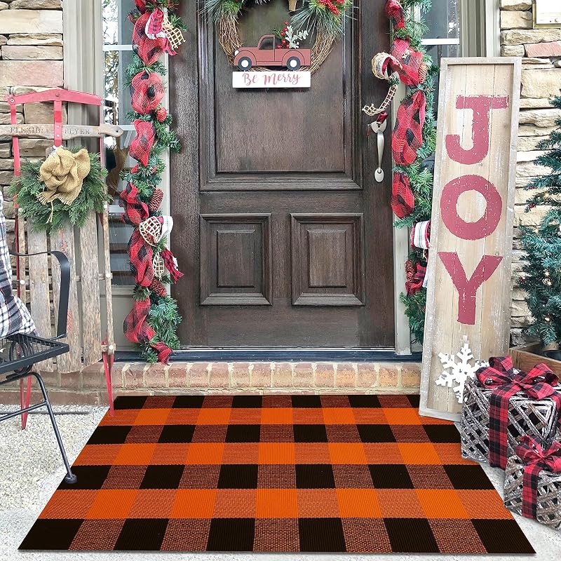 Fall Orange Buffalo Plaid Door Mat 2.3' x 3.6' - Casual Front Porch Rug (Variation: Orange & Black 2'4" x 3'7")