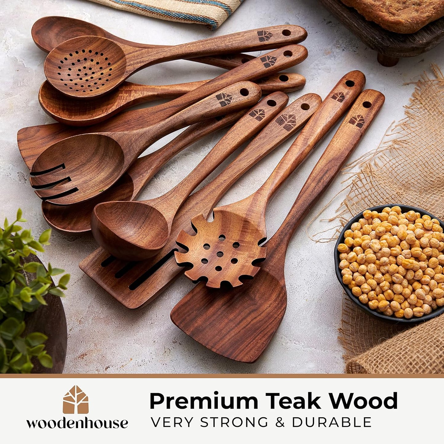 Skiennix Wooden Spoons - 10 Pc Teak Utensil Set, Durable, Nonstick & Heat Resistant with Ergonomic Handles