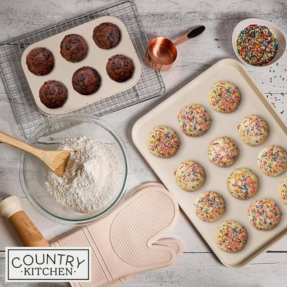 Country Kitchen Nonstick Bakeware Set - Deluxe Heavy Duty, Easy Release, Taupe | 13 Pcs with Handles