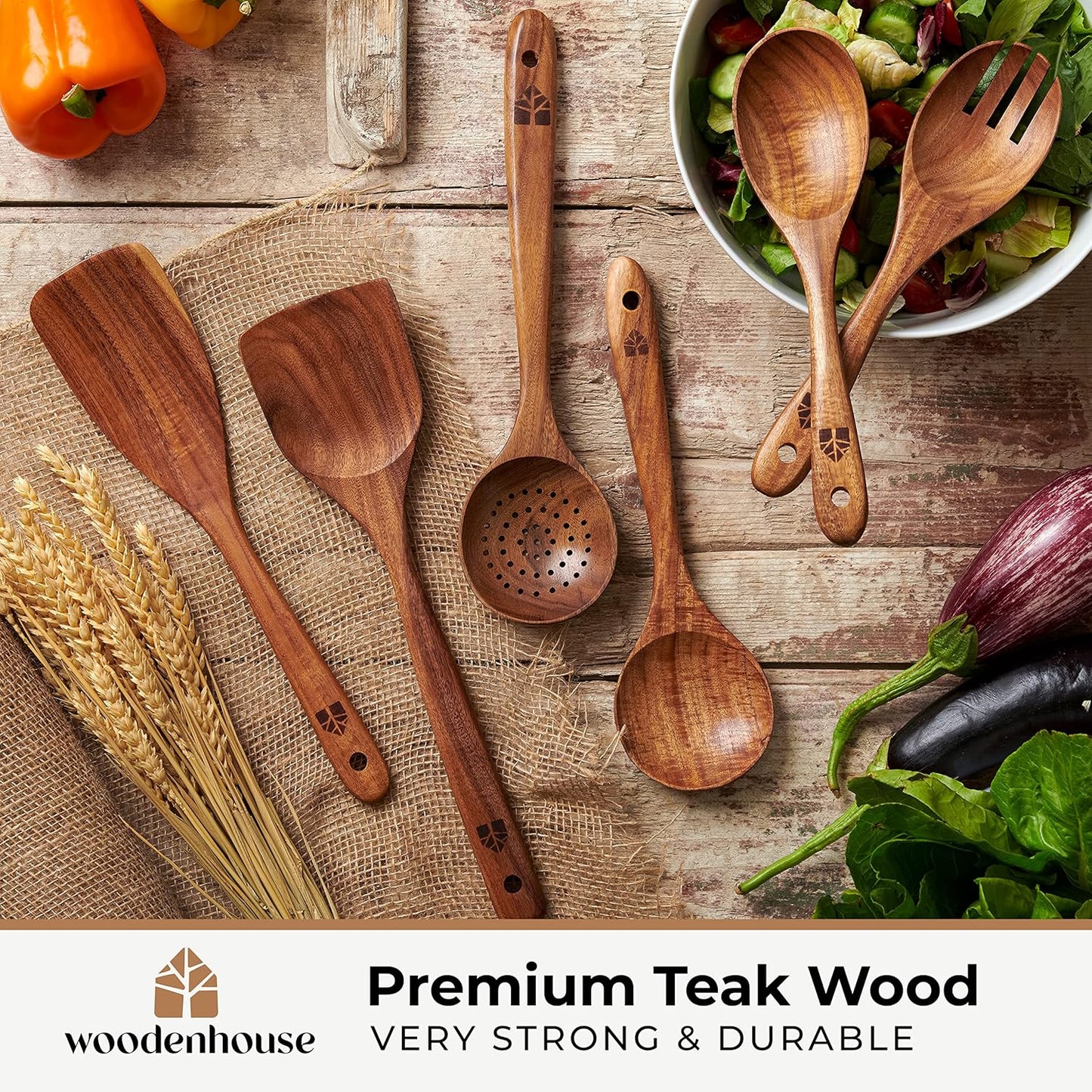 Skiennix Wooden Cooking Spoons Set - 6 Pcs Teak Wood Utensils with Comfortable Grip & Non-Stick Design