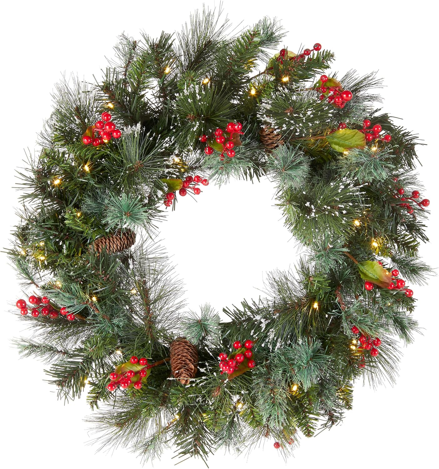 National Tree Company 24-Inch Pre-Lit Wintry Pine Flocked Christmas Wreath - 50 LED Lights, Pinecones & Berries