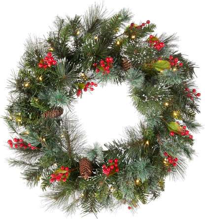 National Tree Company 24-Inch Pre-Lit Wintry Pine Flocked Christmas Wreath | LED Lights, Pinecones & Berries