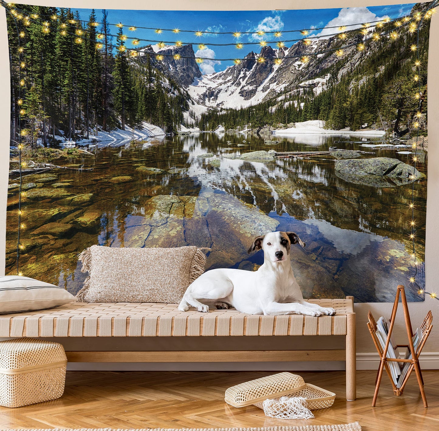 Ambesonne Landscape Tapestry, Dream Mirroring Lake at the Mountain Park in West America River Snow Print, Wide Wall Hanging for Bedroom Living Room Dorm, 60" X 40", Green Brown Blue