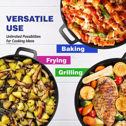 StarBlue 16-Inch Cast Iron Pizza Pan - Pre-Seasoned Griddle with Free Silicone Handles & Recipe Ebook | Ideal for Baking & BBQ