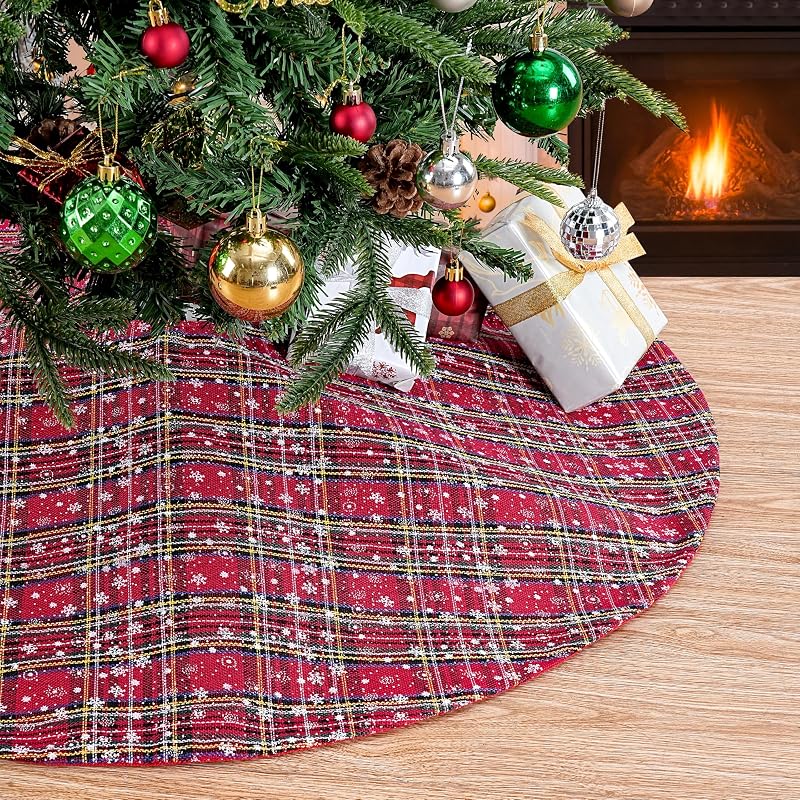 Christmas Plaid Tree Skirt 36-Inch Red & Green Buffalo Check with Snowflakes – Includes Variation Red/Green+36 Inches