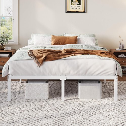 Allewie Queen Bed Frame - 12-Inch Metal Platform with Storage | No Box Spring Needed, Easy Assembly, White