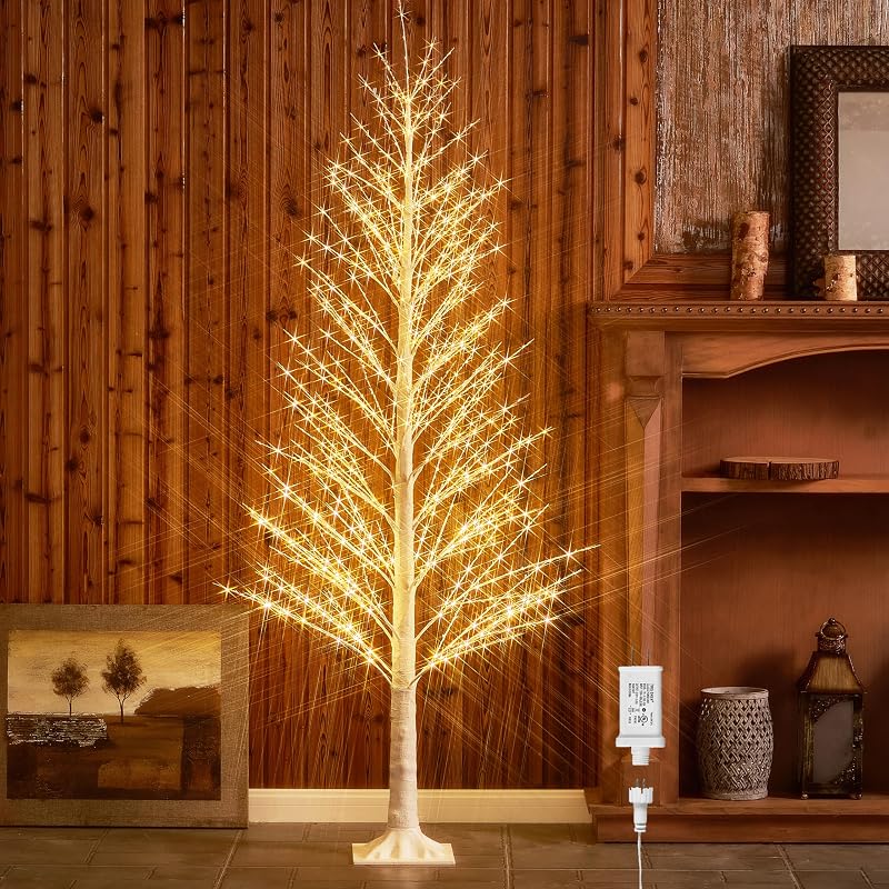 Lighted Alpine Tree 6FT with 810 LED Warm White Lights - White Bark Finish, Ground Stakes Included