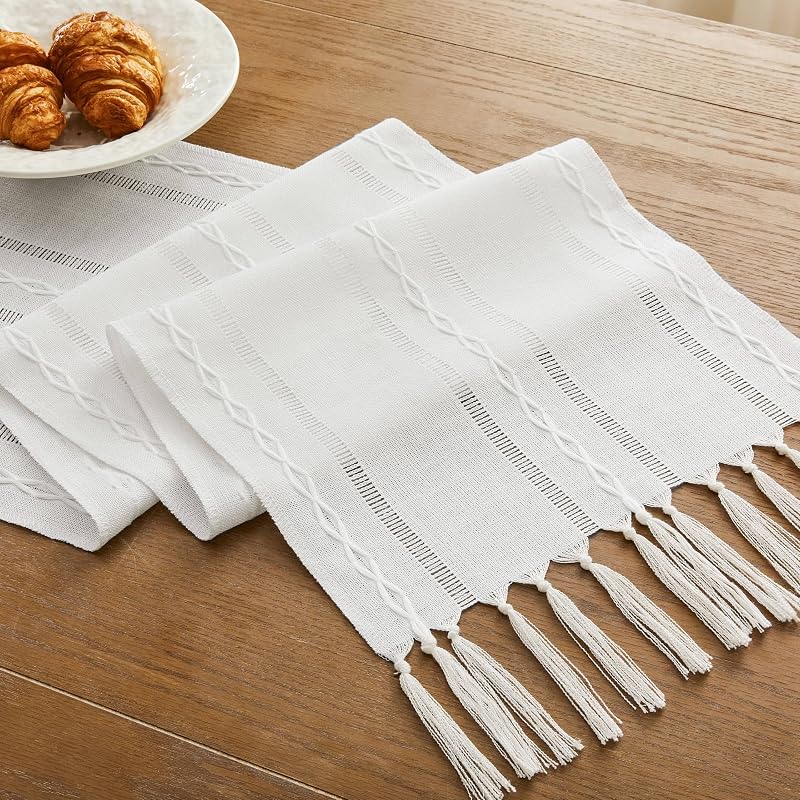 Hemstitched White Christmas Table Runner 13x72 in - Cotton Linen Boho Embroidered