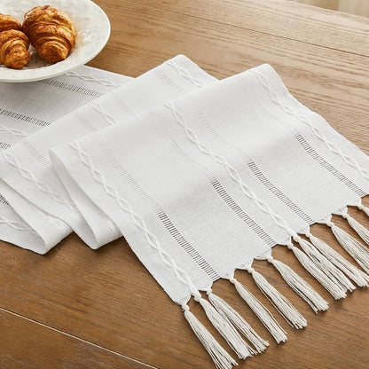 Hemstitched White Christmas Table Runner 13x72 in - Cotton Linen Boho Embroidered