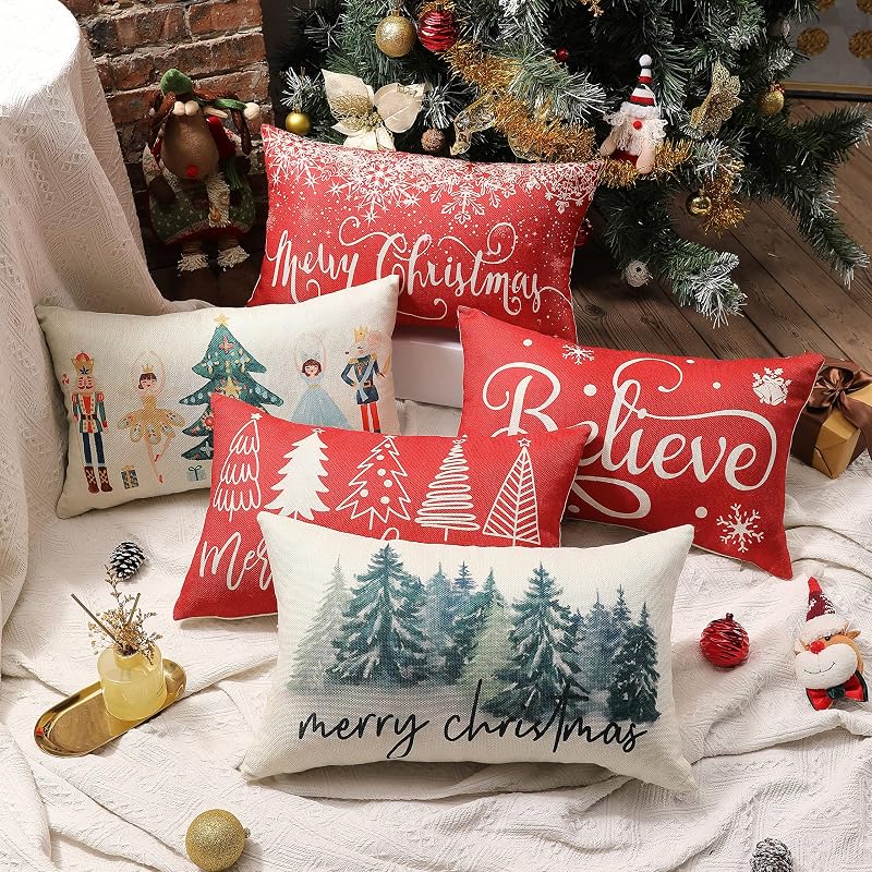 Red 12x20 Pillow Cover - Farmhouse Christmas Lumbar Throw Pillow Case