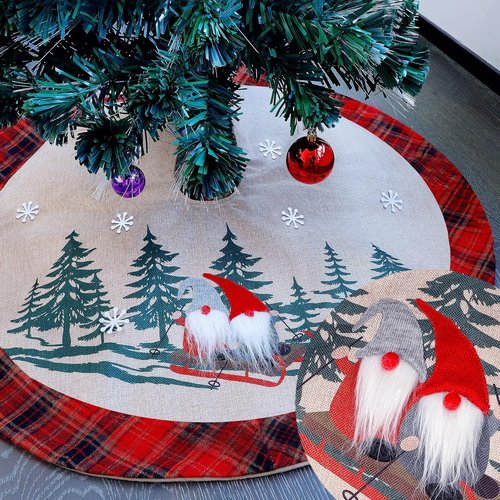 Juegoal 32-Inch Christmas Tree Skirt - Soft Red and Black Plaid with Gnome Design for Holiday Decor