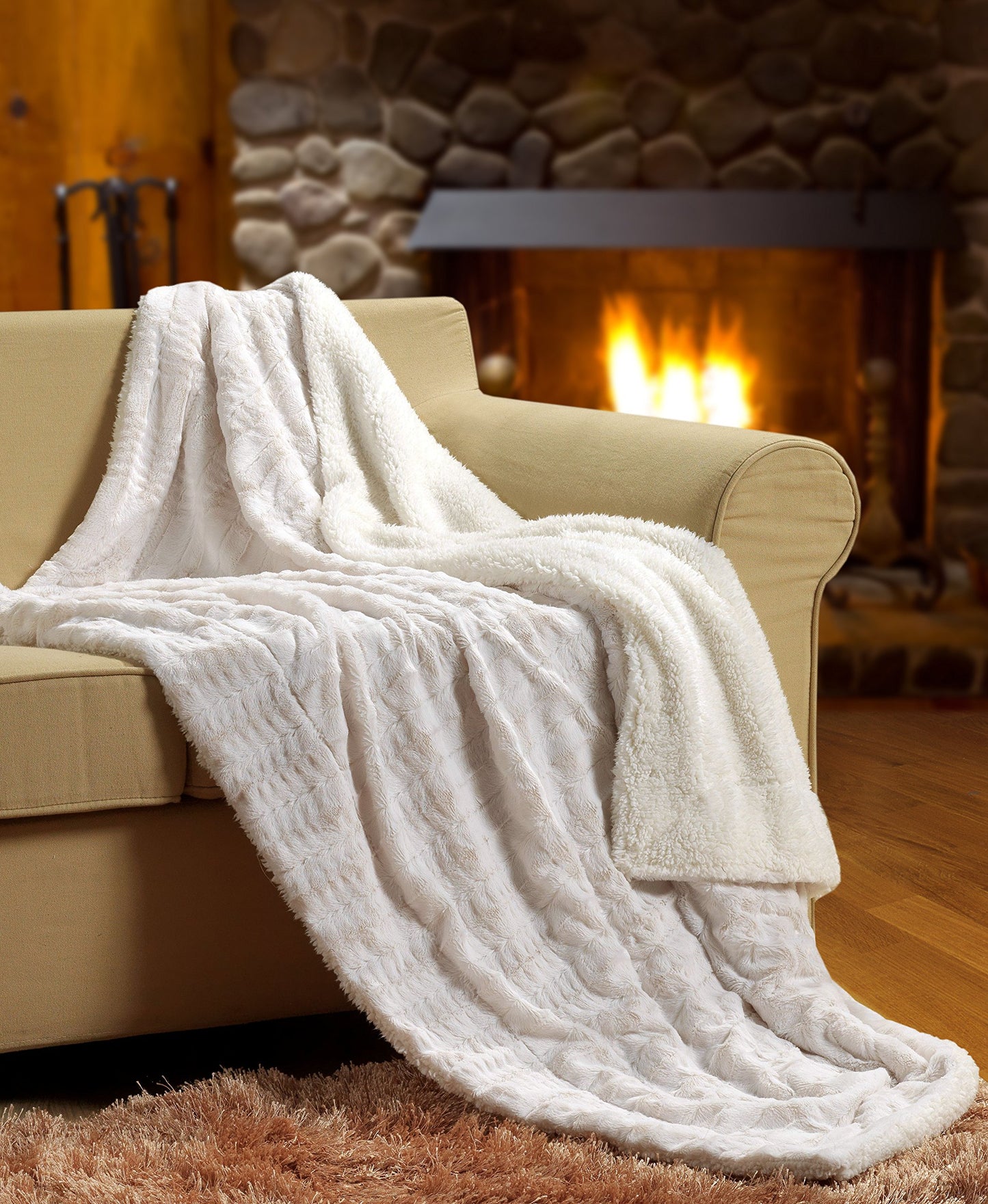 Tache White Ivory Super Soft Warm Polar Faux Fur with Sherpa Throw Blanket 63 x 87