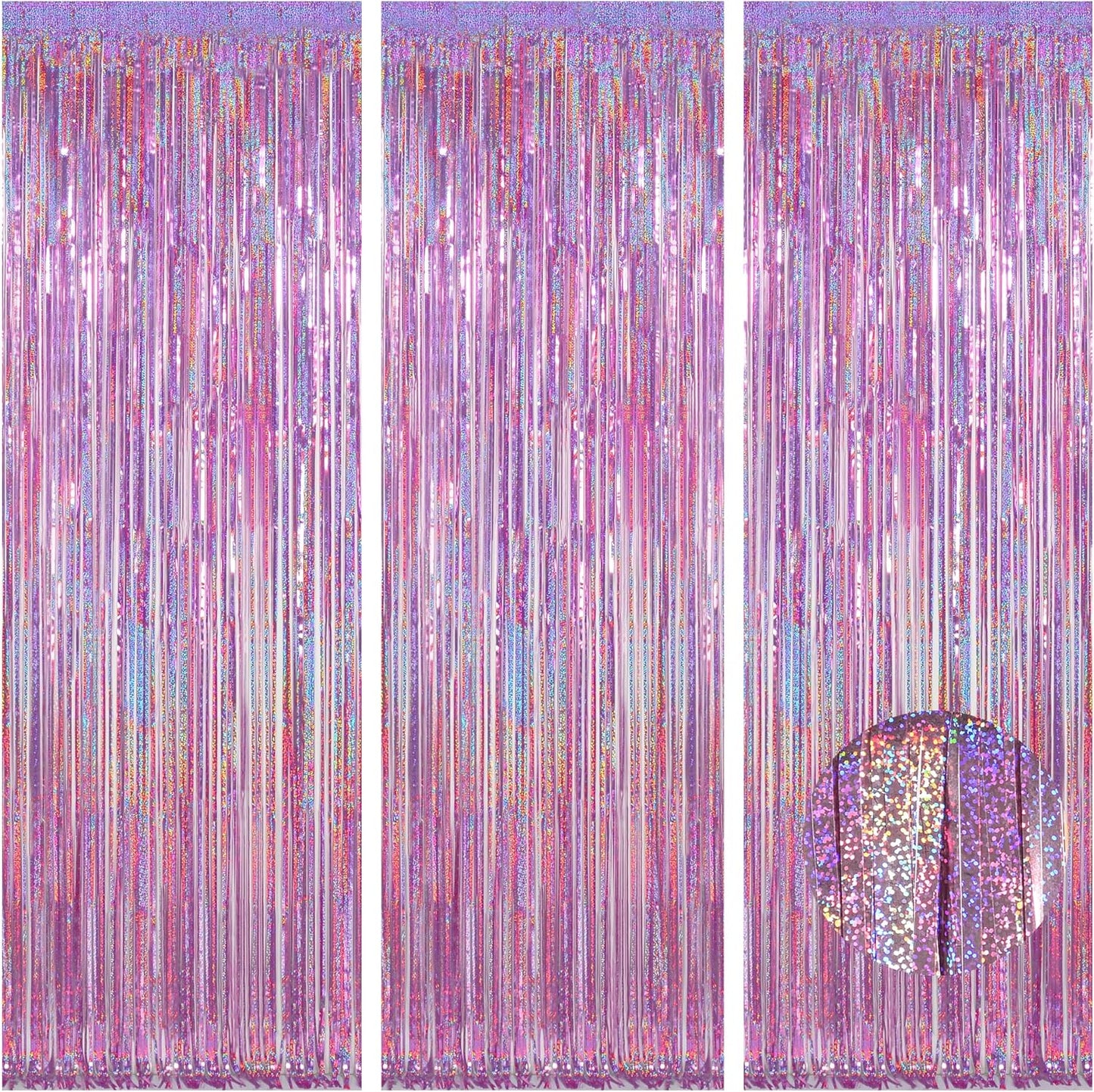 Melsan Easter Decorations - 3 Pack Pinkish Purple Tinsel Fringe Curtain Backdrop | 3.2 x 8.2 ft Sparkling Metallic Party Decor